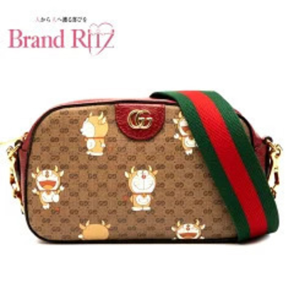 Gucci Doraemon GG Supreme Cow Chain Leather Shoulder Bag Red Brown